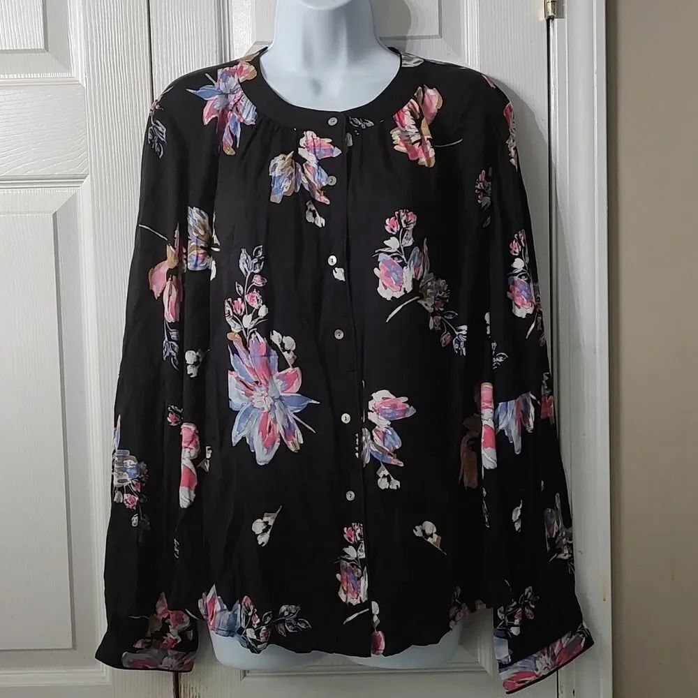Kaari Blue Curvy Wish Floral La Vie Boheme Button Down  Blouse Top Sz 2X